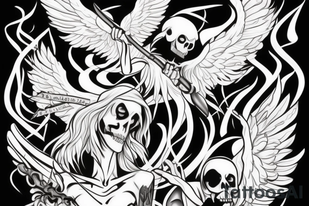 A Angel and a grimreaper sharing the same face. The Reaper on the right side and the angel on the left tattoo idea