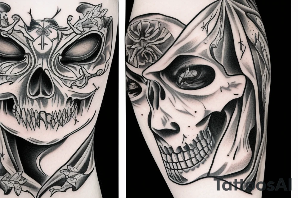 A Angel and a grimreaper sharing the same face. The Reaper on the right side of the face and the angel on the left side of the face tattoo idea