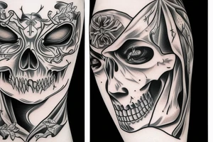 A Angel and a grimreaper sharing the same face. The Reaper on the right side of the face and the angel on the left side of the face tattoo idea