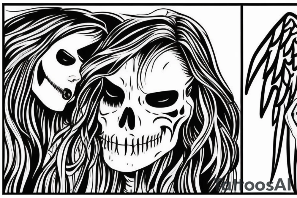 A Angel and a grimreaper sharing the same face. The Reaper on the right side of the face and the angel on the left side of the face tattoo idea