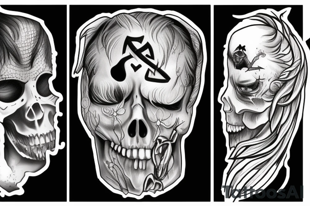 A Angel and a Reaper sharing a face. The angel on the left side of the face and the Reaper on the right. The face is devided by a Rune text tattoo idea