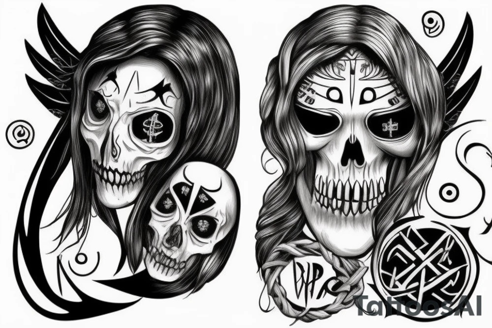 A Angel and a Reaper sharing a face. The angel on the left side of the face and the Reaper on the right. The face is devided by a Rune text tattoo idea