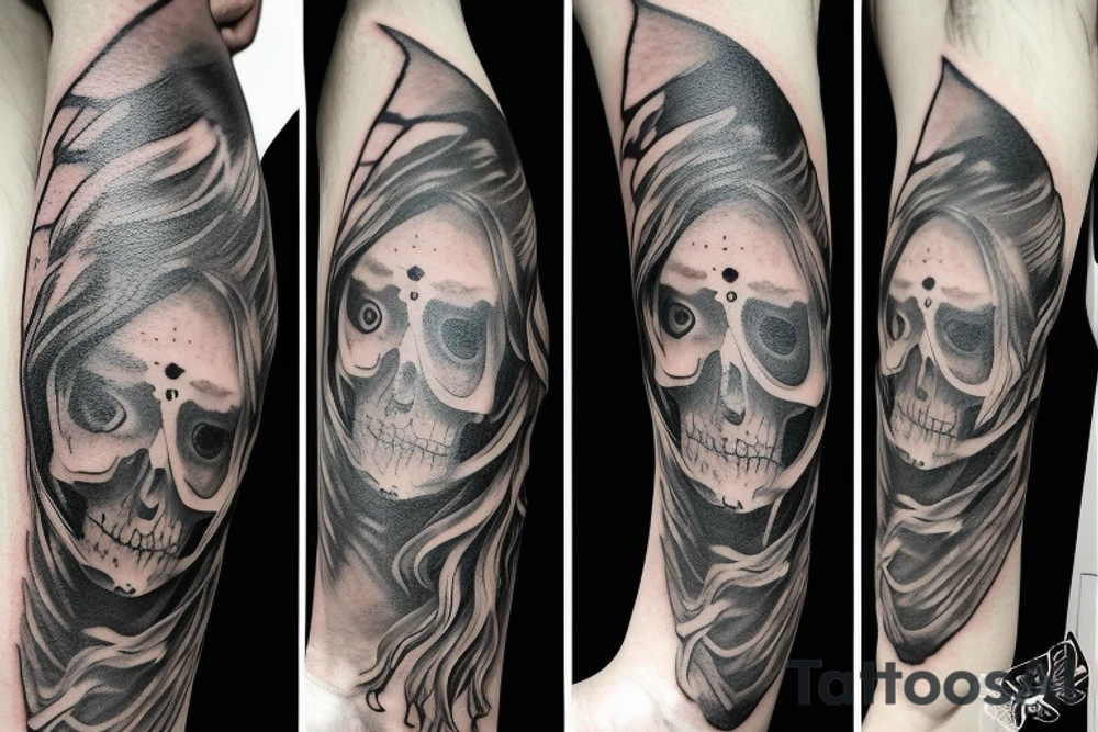 A Angel and a Reaper sharing a face. The angel on the left side of the face and the Reaper on the right. The face is Divided by a Rune text tattoo idea