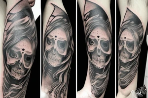A Angel and a Reaper sharing a face. The angel on the left side of the face and the Reaper on the right. The face is Divided by a Rune text tattoo idea