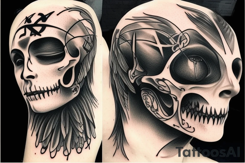 A Angel and a Reaper sharing a face. The angel on the left side of the face and the Reaper on the right. The face is Divided by a Rune text tattoo idea