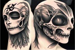 A Angel and a Reaper sharing a face. The angel on the left side of the face and the Reaper on the right. The face is Divided by a Rune text tattoo idea