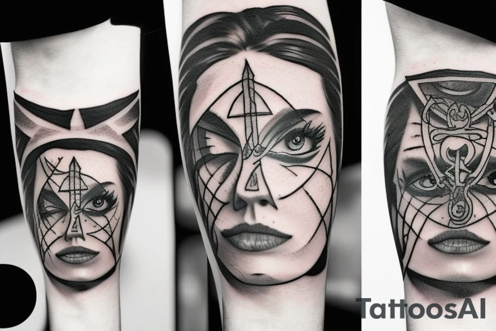 A face Divided in two from top to bottom with a Rune text tattoo idea