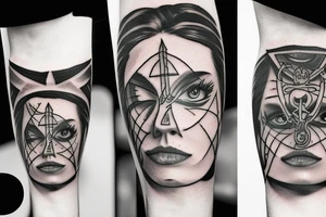 A face Divided in two from top to bottom with a Rune text tattoo idea