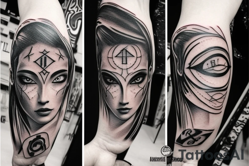 A face Divided in two from top to bottom with a Rune text tattoo idea
