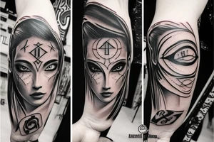 A face Divided in two from top to bottom with a Rune text tattoo idea