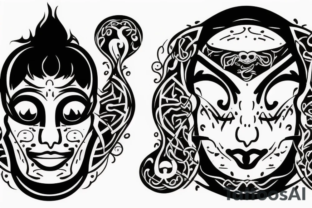 A face Divided in two from top to bottom with a Rune text in a straight line. tattoo idea