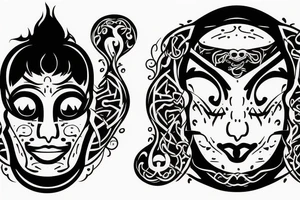 A face Divided in two from top to bottom with a Rune text in a straight line. tattoo idea