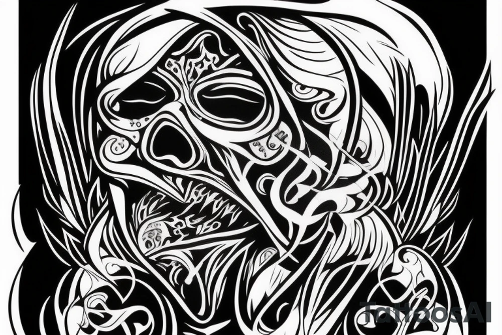 A face, the left side of the face is the face of a male Angel. The right side of the face is the face of a reaper tattoo idea