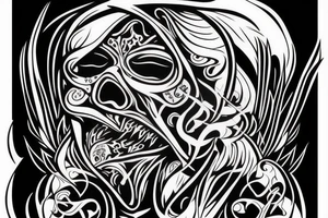A face, the left side of the face is the face of a male Angel. The right side of the face is the face of a reaper tattoo idea