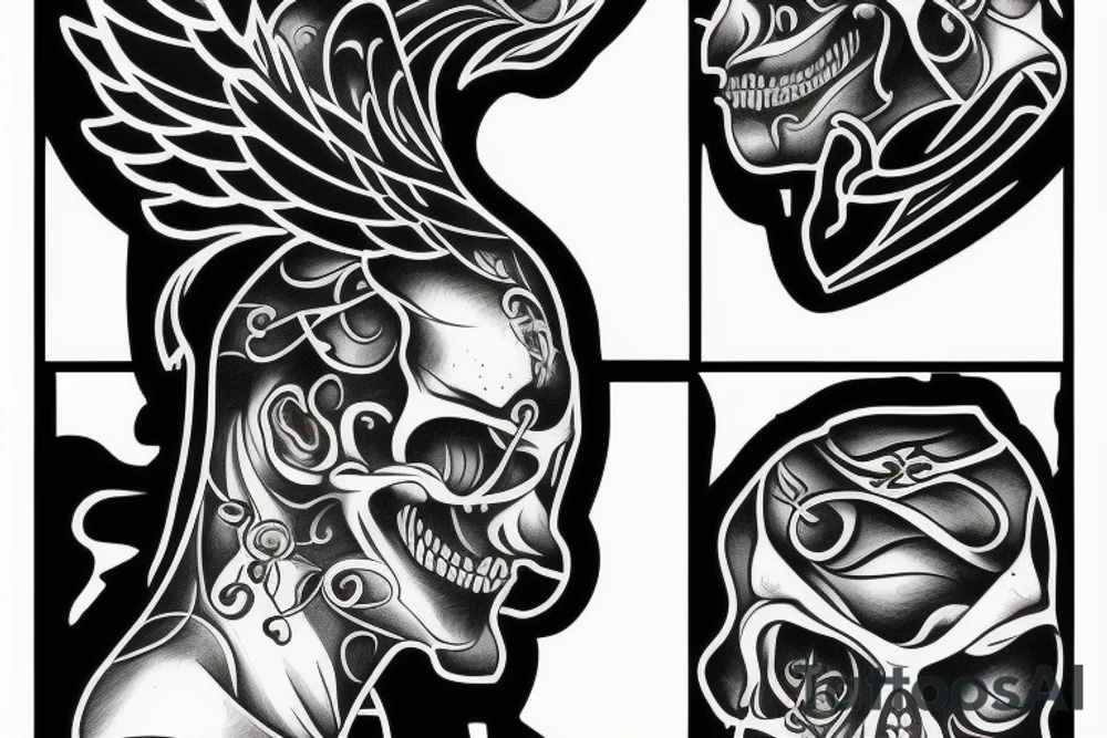 A face, the left side of the face is the face of a male Angel. The right side of the face is the face of a reaper tattoo idea