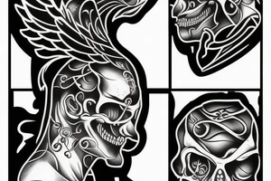 A face, the left side of the face is the face of a male Angel. The right side of the face is the face of a reaper tattoo idea