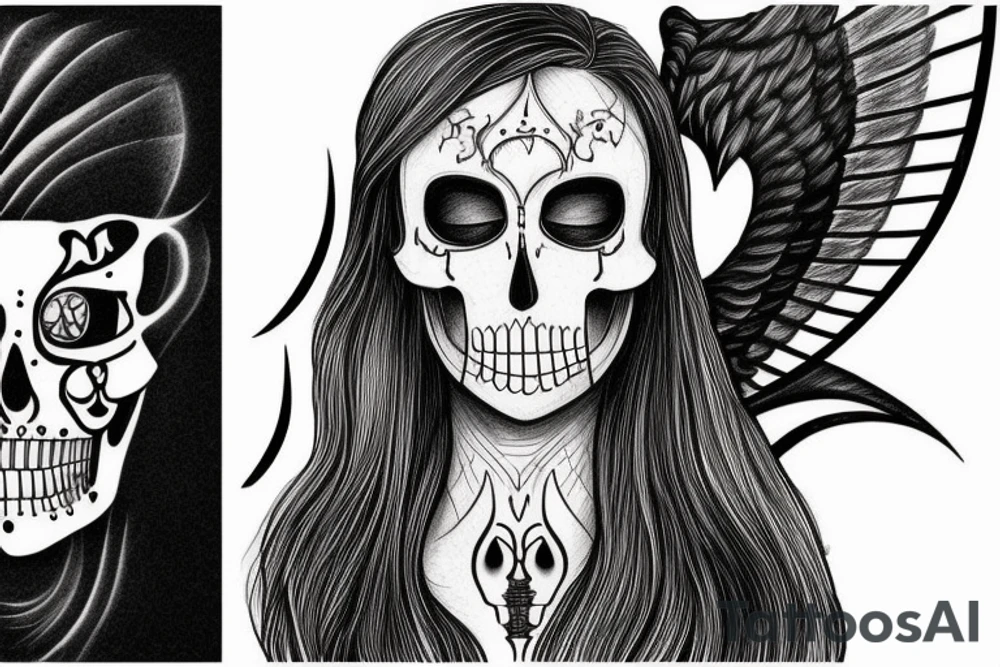 A face, the left side of the face is the face of a male Angel. The right side of the face is the face of a reaper. The face is Divided into two by a straight line. tattoo idea