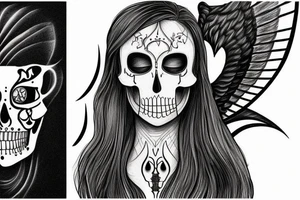 A face, the left side of the face is the face of a male Angel. The right side of the face is the face of a reaper. The face is Divided into two by a straight line. tattoo idea
