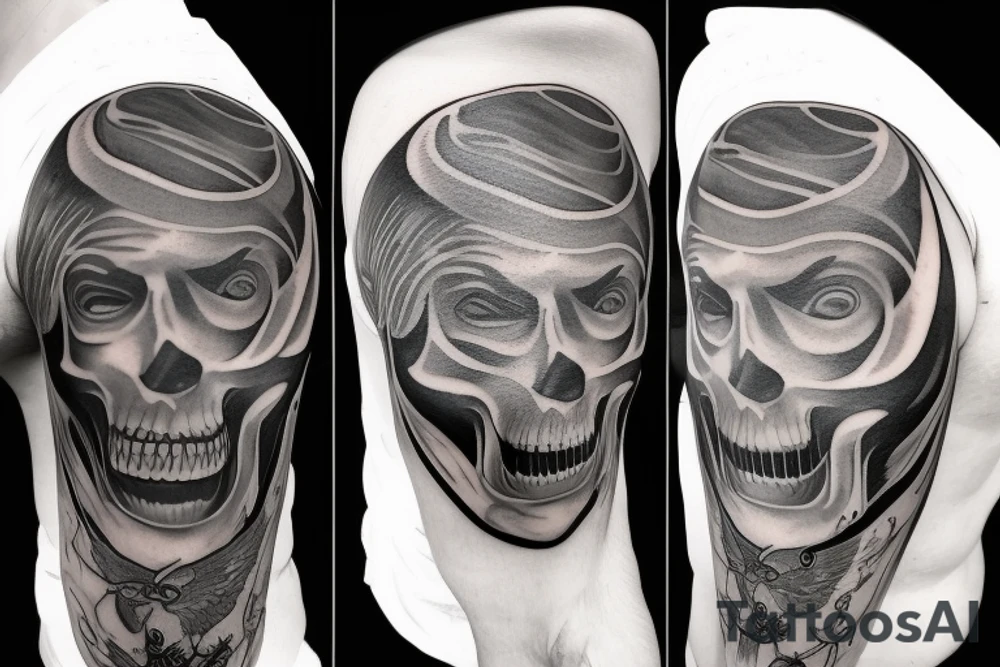 A face, the left side of the face is the face of a male Angel. The right side of the face is the face of a reaper. The face is Divided into two by a straight line. tattoo idea