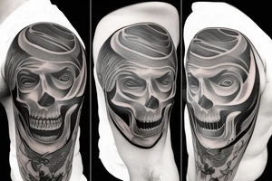 A face, the left side of the face is the face of a male Angel. The right side of the face is the face of a reaper. The face is Divided into two by a straight line. tattoo idea