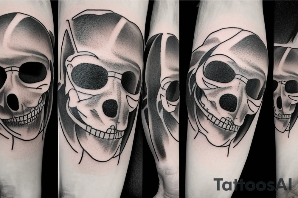 A face, the left side of the face is the face of a male Angel. The right side of the face is the face of a reaper. The face is Divided into two by a straight line. tattoo idea