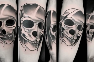 A face, the left side of the face is the face of a male Angel. The right side of the face is the face of a reaper. The face is Divided into two by a straight line. tattoo idea