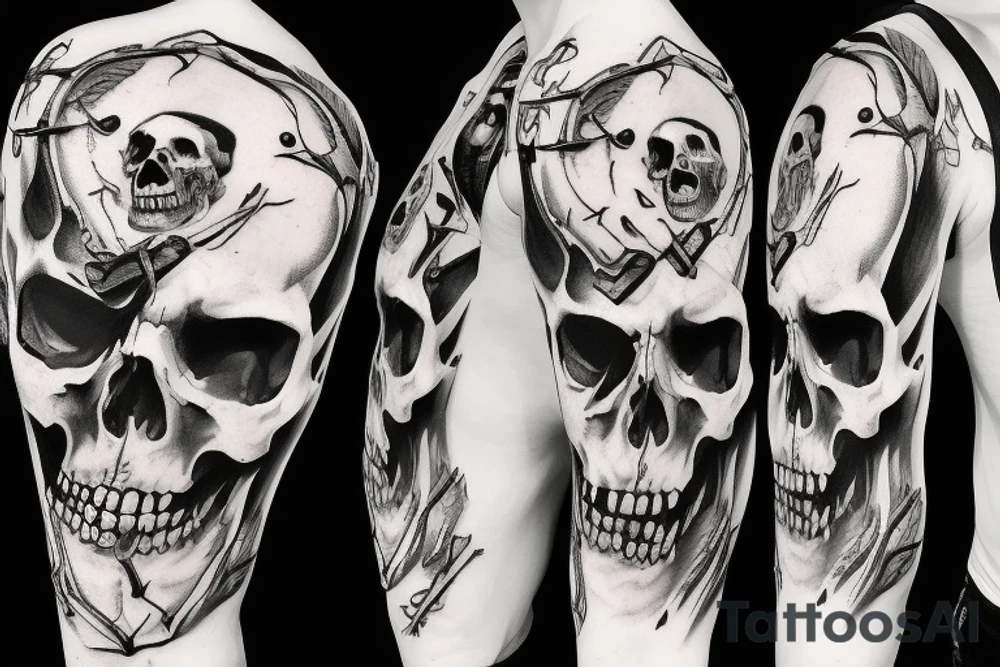 Grimreaper, split the skull perfect in the midle from forehead to chin tattoo idea