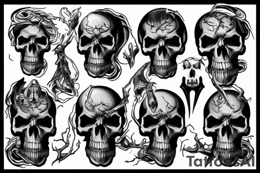 Grimreaper, split the skull perfect in the middle from forehead to chin tattoo idea