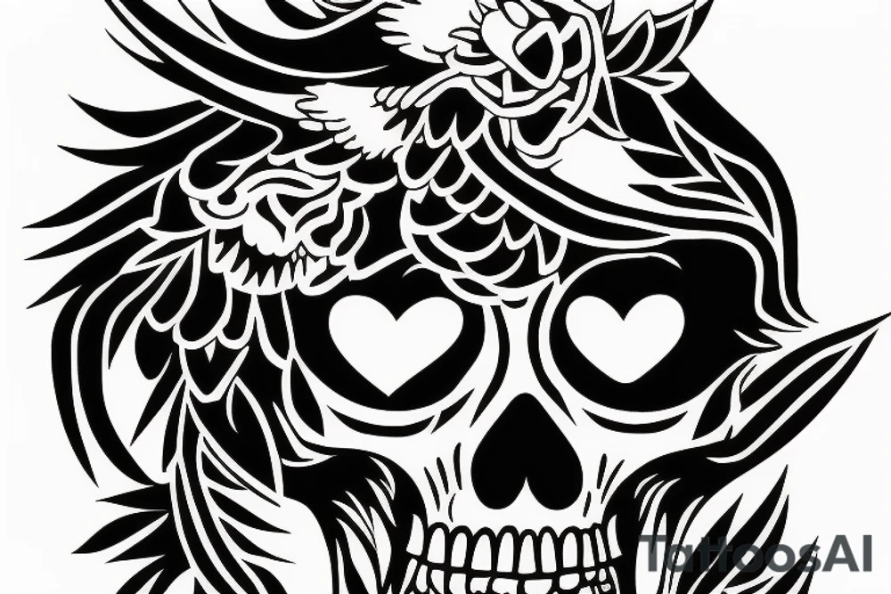 crow on standing on a human skull tattoo idea
