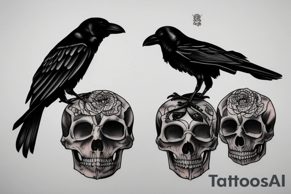crow on standing on a human skull tattoo idea