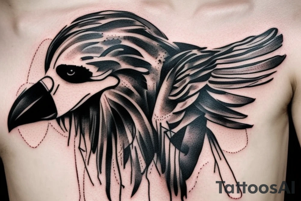 crow on standing on a human skull trash polka style tattoo idea