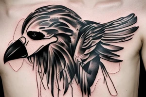 crow on standing on a human skull trash polka style tattoo idea