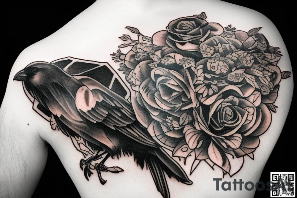 crow on standing on a human skull trash polka style tattoo idea