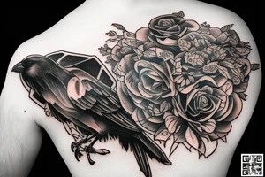 crow on standing on a human skull trash polka style tattoo idea