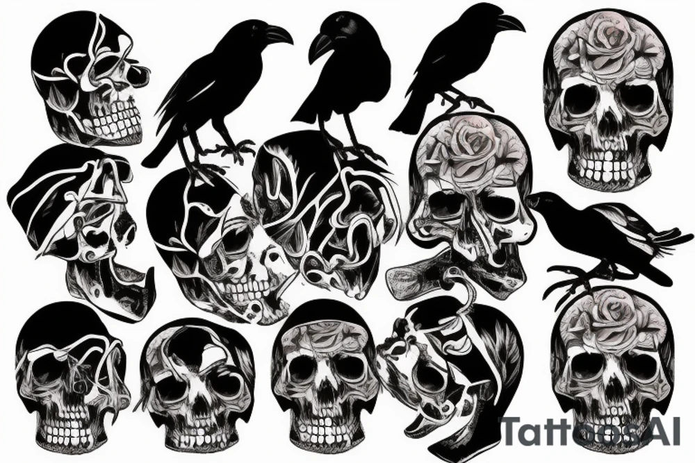crow on standing on a human skull trash polka style tattoo idea