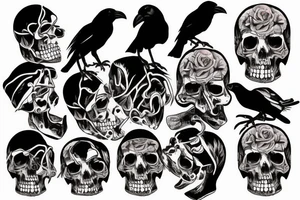 crow on standing on a human skull trash polka style tattoo idea