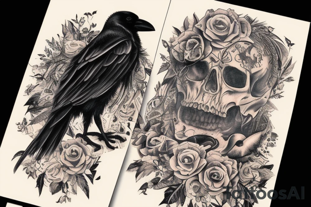 crow on standing on a human skull trash polka style tattoo idea