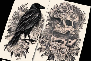 crow on standing on a human skull trash polka style tattoo idea