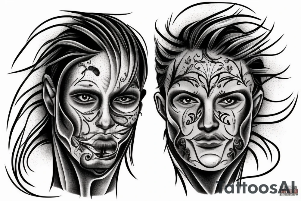 A male face that should represent both birth and death. The left side of the face should represent birth and the right side should represent death tattoo idea