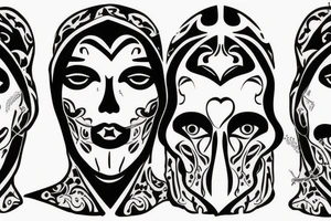 A male face that should represent both birth and death. The left side of the face should represent birth and the right side should represent death. The face should be Partly covered by a hood tattoo idea