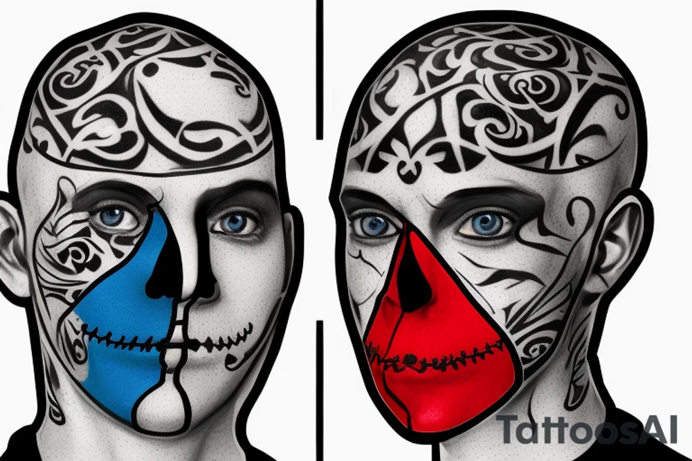 A male face that should represent both birth and death. The left side of the face should represent birth and the right side should represent death. The face should be Partly covered by a hood. And the left pupil should be blue and the left red tattoo idea