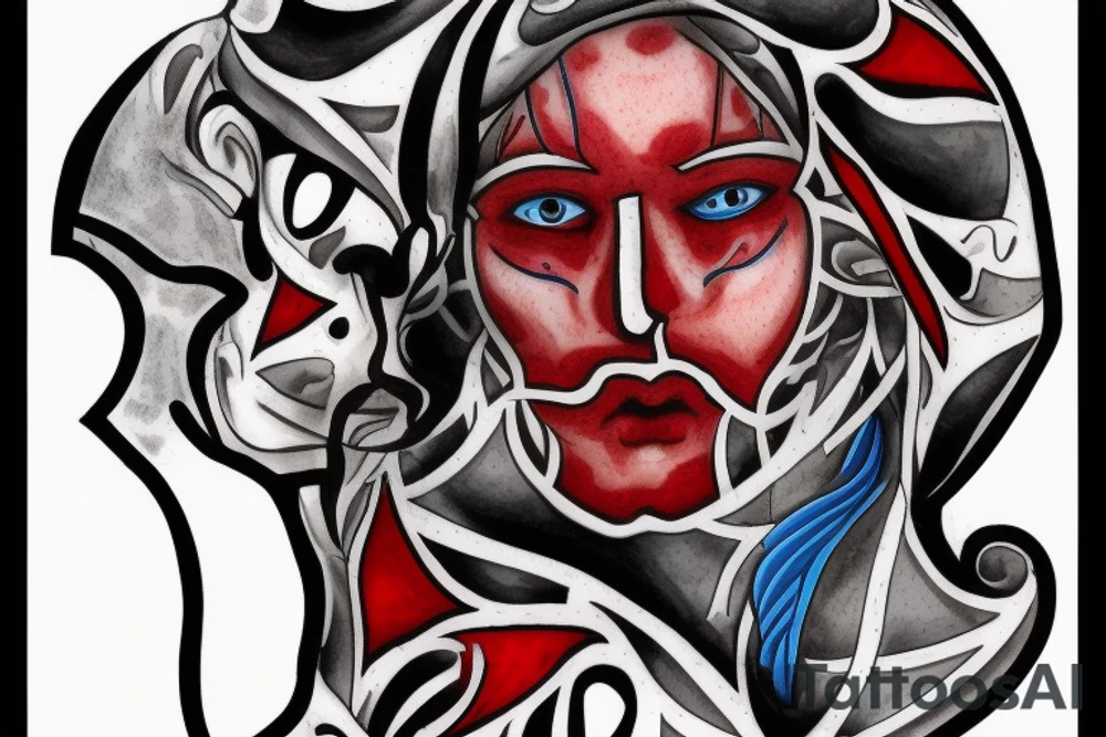 A male face that should represent both birth and death. The left side of the face should represent birth and the right side should represent death. The face should be Partly covered by a hood. And the left pupil should be blue and the left red tattoo idea