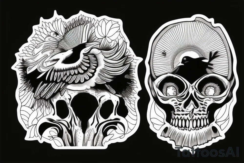 crow standing on a human skull tattoo idea