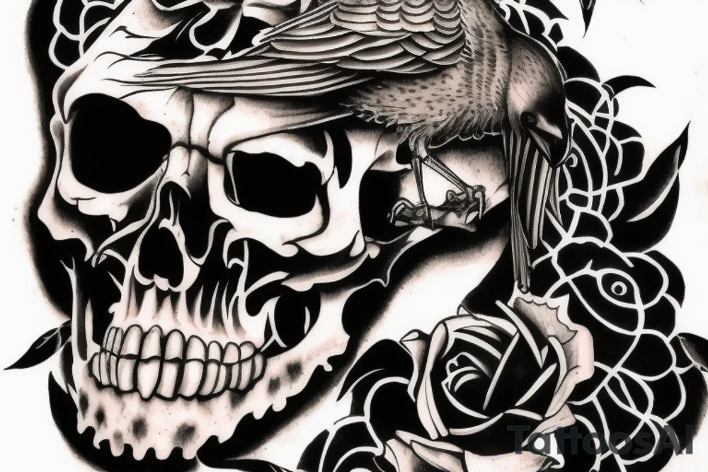 crow standing on a human skull tattoo idea