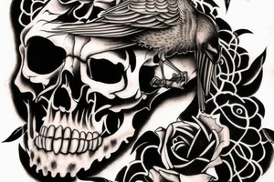 crow standing on a human skull tattoo idea