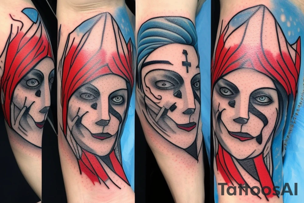 A male face that should represent both birth and death. The left side of the face should represent birth and the right side should represent death. The face should be Partly covered by a hood. And the left pupil should be blue and the left pupil red tattoo idea