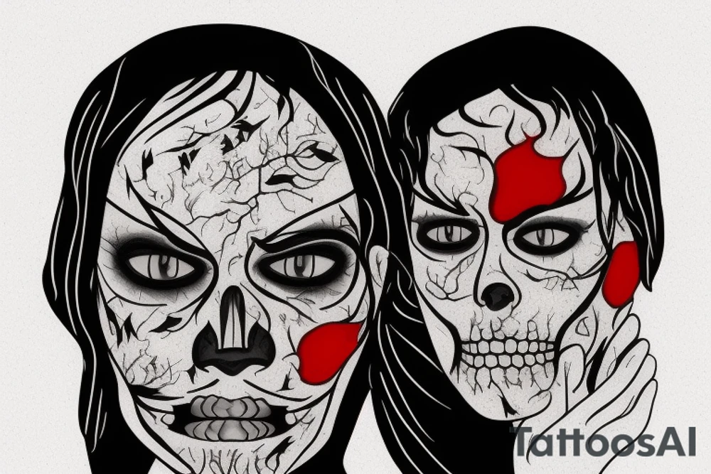 A male face that should represent both birth and death. The left side of the face should represent birth and the right side should represent death. The face should be Partly covered by a hood. And the left pupil should be blue and the left pupil red tattoo idea
