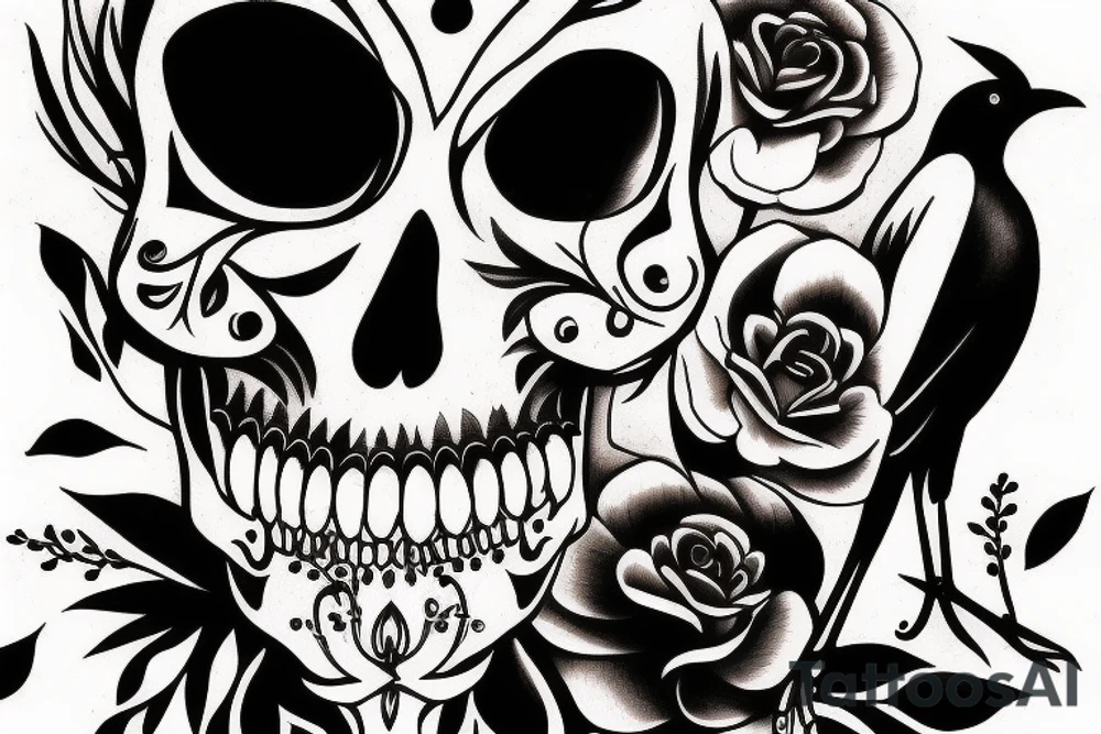 crow standing on a skull tattoo idea