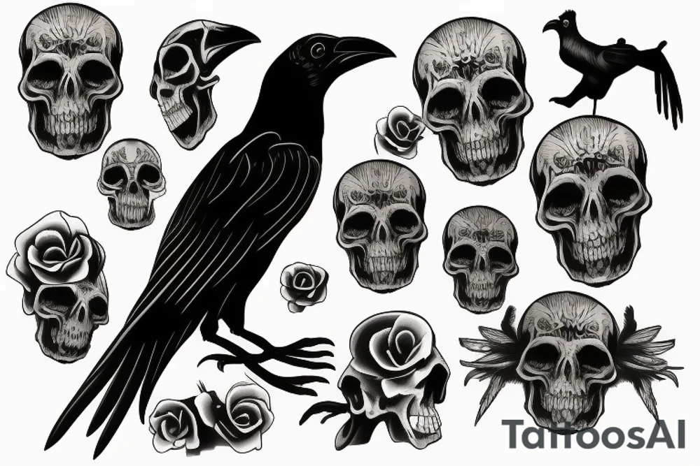 Crow standing on a skull tattoo idea