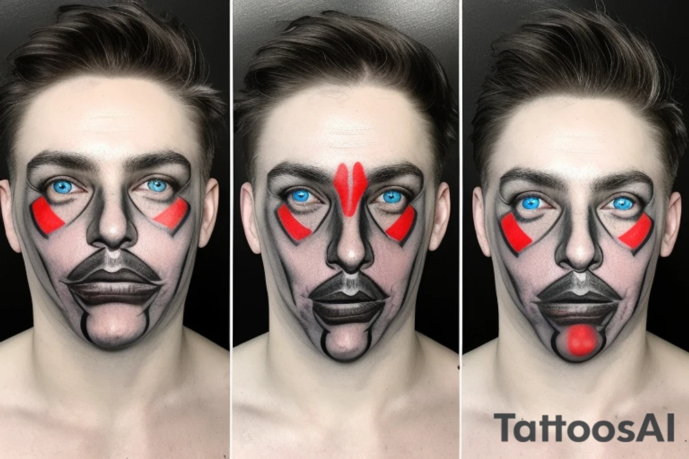 A male face that should represent both birth and death. The left side of the face should represent birth and the right side should represent death. The face should be Partly covered by a hood. And the left pupil should be blue and the left pupil should be red tattoo idea